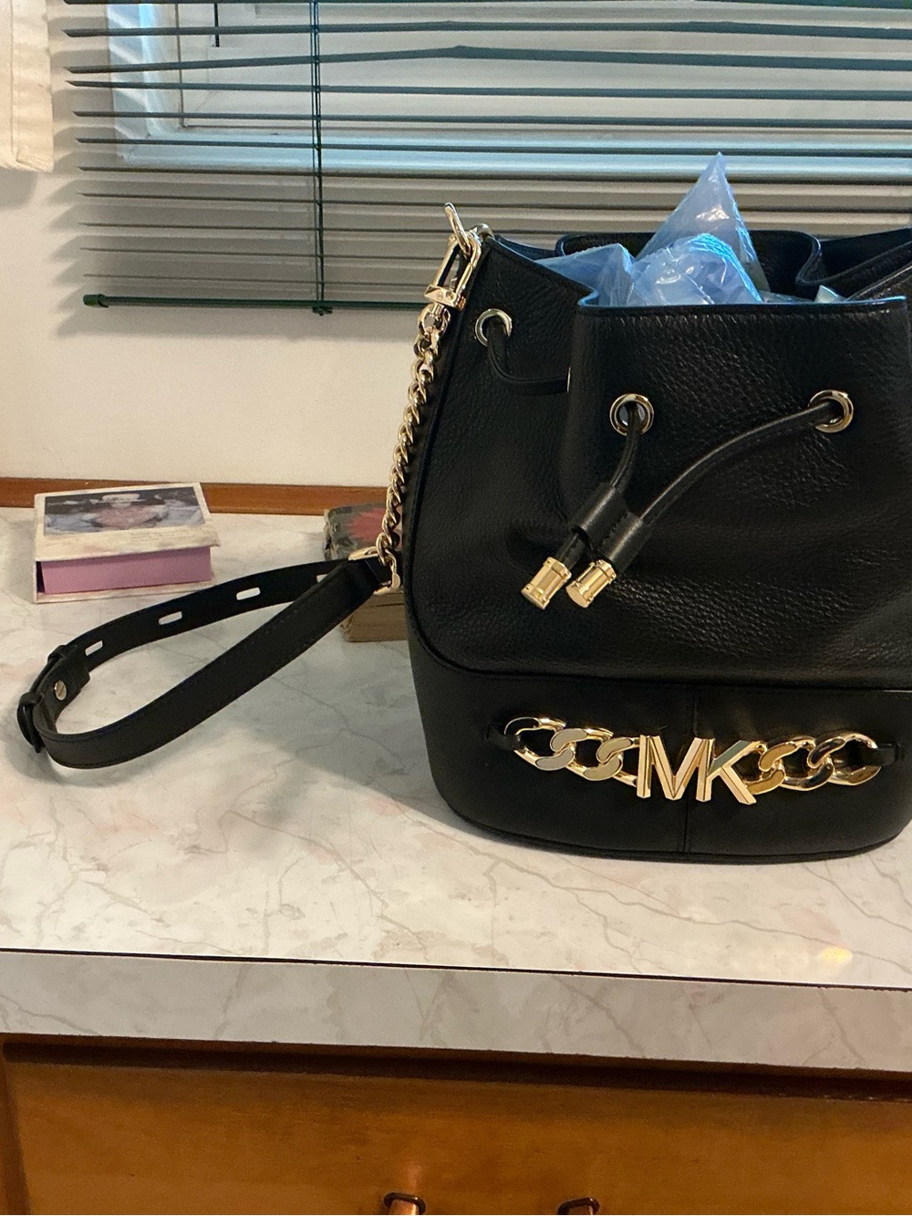 Michael Kors Black Leather Bucket Shoulder Bag with Gold Chain MK Logo